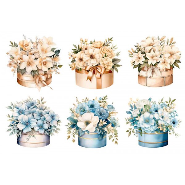 ESTAMPA FÁCIL - CAIXAS COM FLORES  CREME AZUL