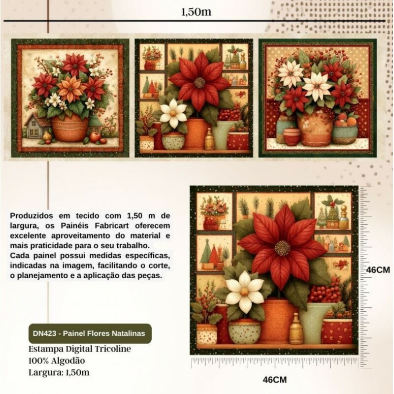 NT26 - TRICOL. PAINEL FLORES NATALINAS - 100% ALGODÃO A7549/001D