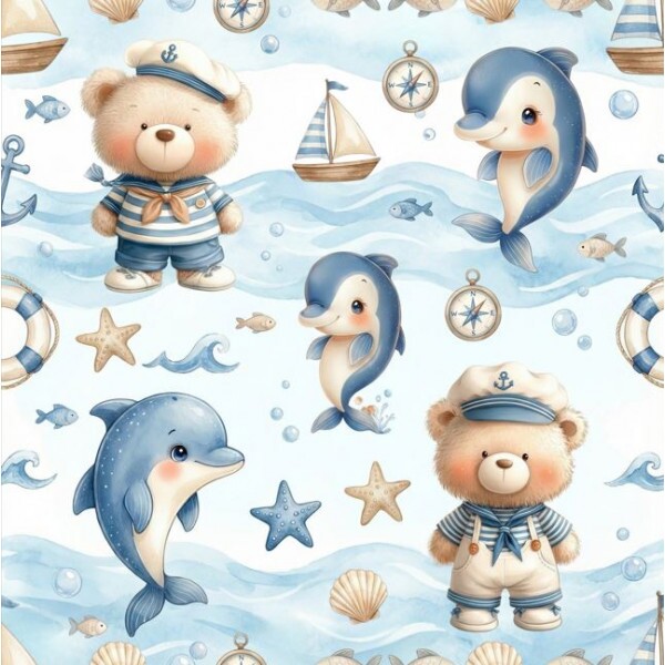 MG26 - TRICOL. COLEÇÃO BABY SEA - URSINHOS E GOLFINHOS - 100% ALGODÃO A3453/001