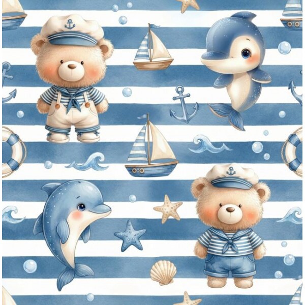 MG26 - TRICOL. COLEÇÃO BABY SEA - URSINHOS E GOLFINHOS LISTRADOS  - 100% ALGODÃO A3454/001