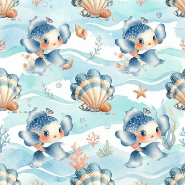 MG26 - TRICOL. COLEÇÃO BABY SEA - PEIXES E CONCHAS - 100% ALGODÃO A3457/001