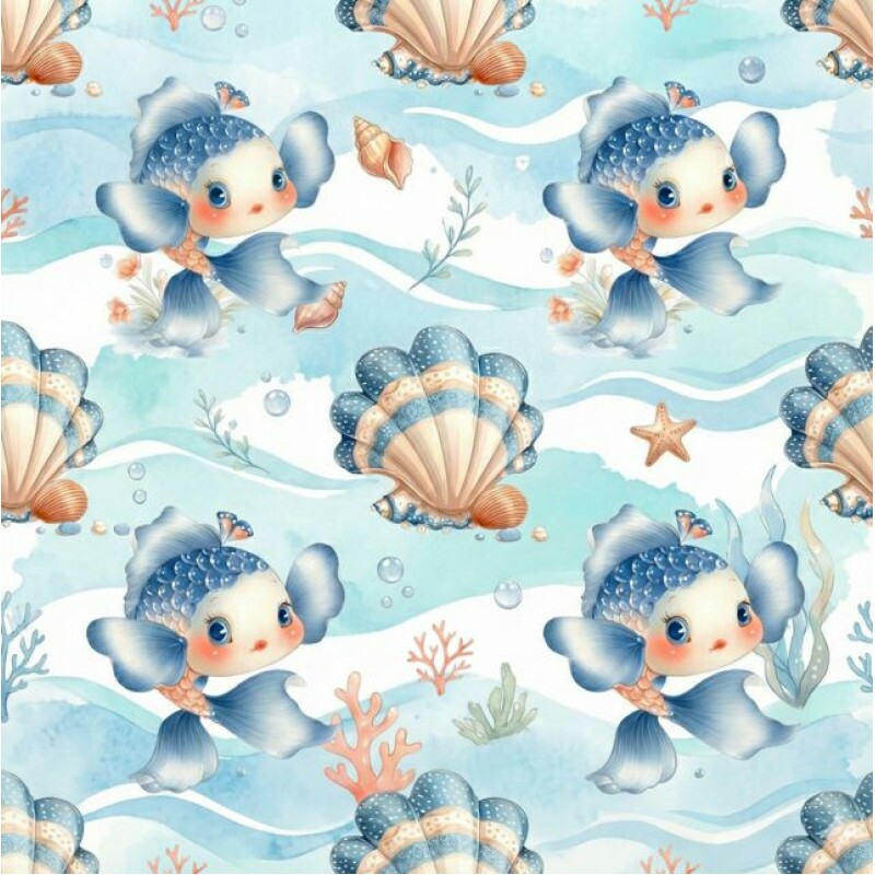 MG26 - TRICOL. COLEÇÃO BABY SEA - PEIXES E CONCHAS - 100% ALGODÃO A3457/001