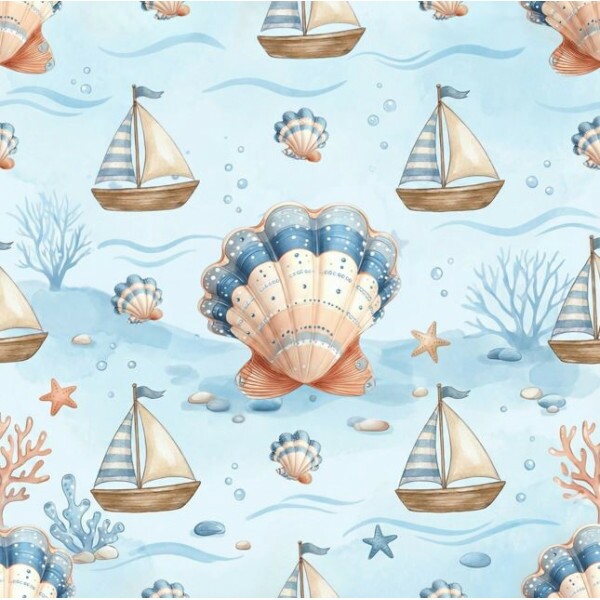 MG26 - TRICOL. COLEÇÃO BABY SEA - CONCHAS E BARCOS - 100% ALGODÃO A3458/001