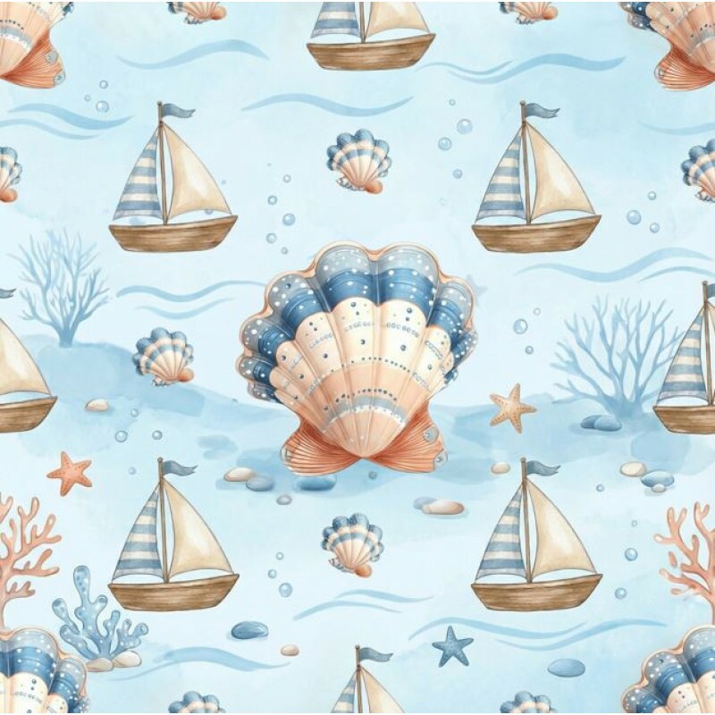 MG26 - TRICOL. COLEÇÃO BABY SEA - CONCHAS E BARCOS - 100% ALGODÃO A3458/001