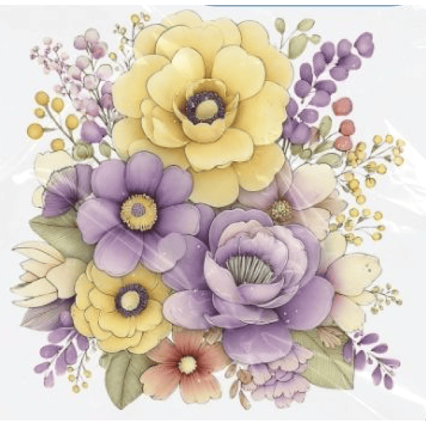 ESTAMPA FÁCIL - 9CM  X  9CM - BOUQUET AMARELO E LILÁS