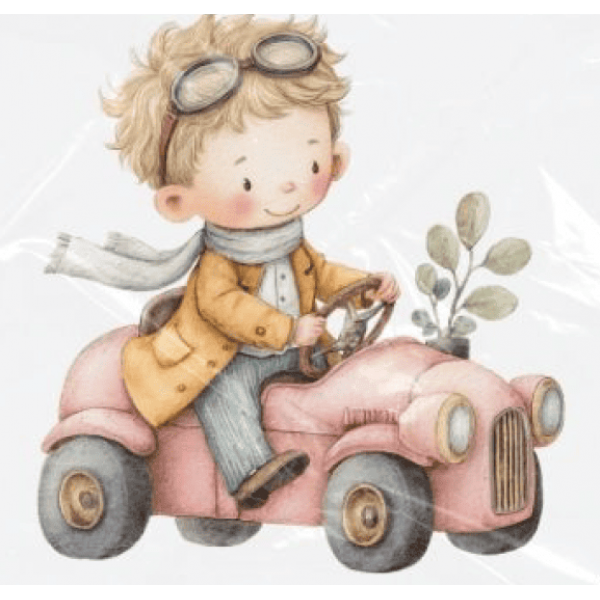 ESTAMPA FÁCIL - 9CM  X  9CM - MENINO NO CARRINHO