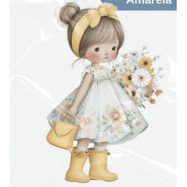 ESTAMPA FÁCIL - 9CM  X  9CM - MENINA COM BOLSA AMARELA