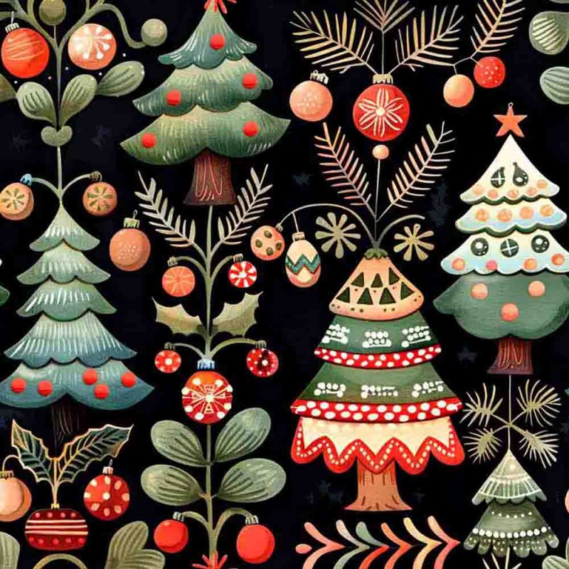 TRICOL. 100% ALGODÃO DIGITAL - NATAL COUNTRY  TREES AND BALLS