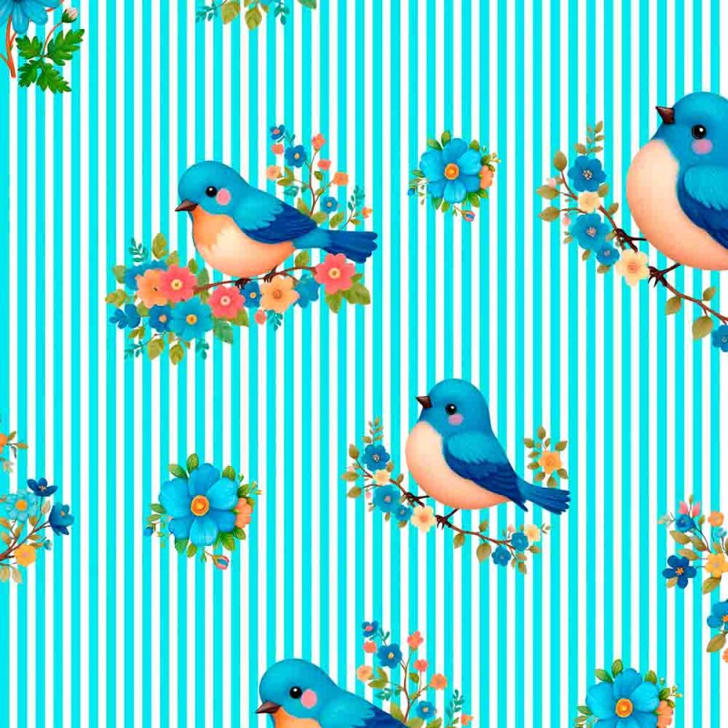 TRICOL. BLUE BIRDS - PÁSSARO LISTRADO - 100% ALGODÃO DIGITAL