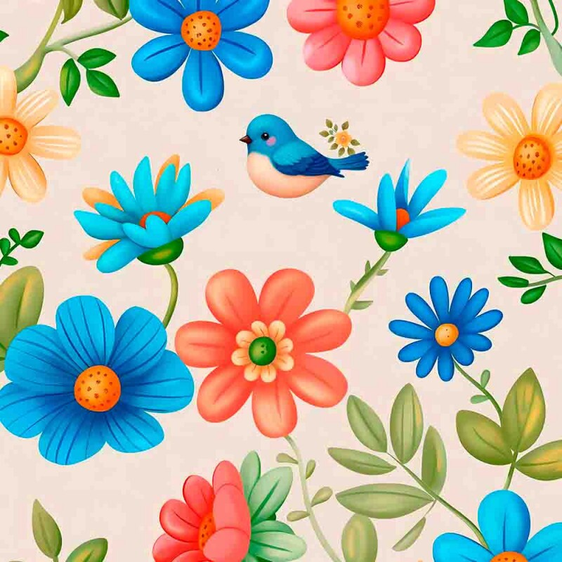 TRICOL. BLUE BIRDS PÁSSARO FLOR - 100% ALGODÃO DIGITAL