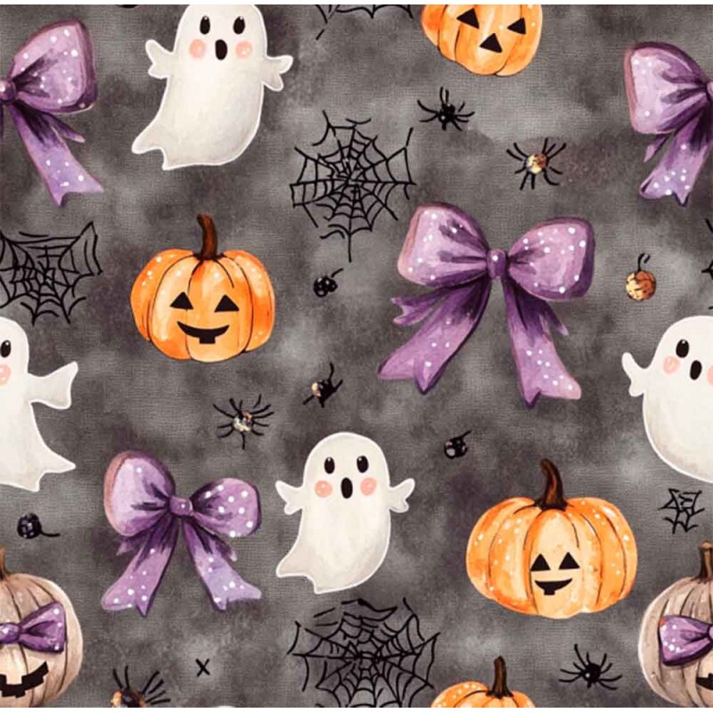 TRICOLINE 100% ALGODÃO - HALLOWEEN 25 - HALL AQUA FANTASMAS E LAÇOS
