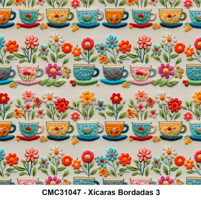 TRICOL. XÍCARAS BORDADAS 3 - 100% ALGODÃO DIGITAL